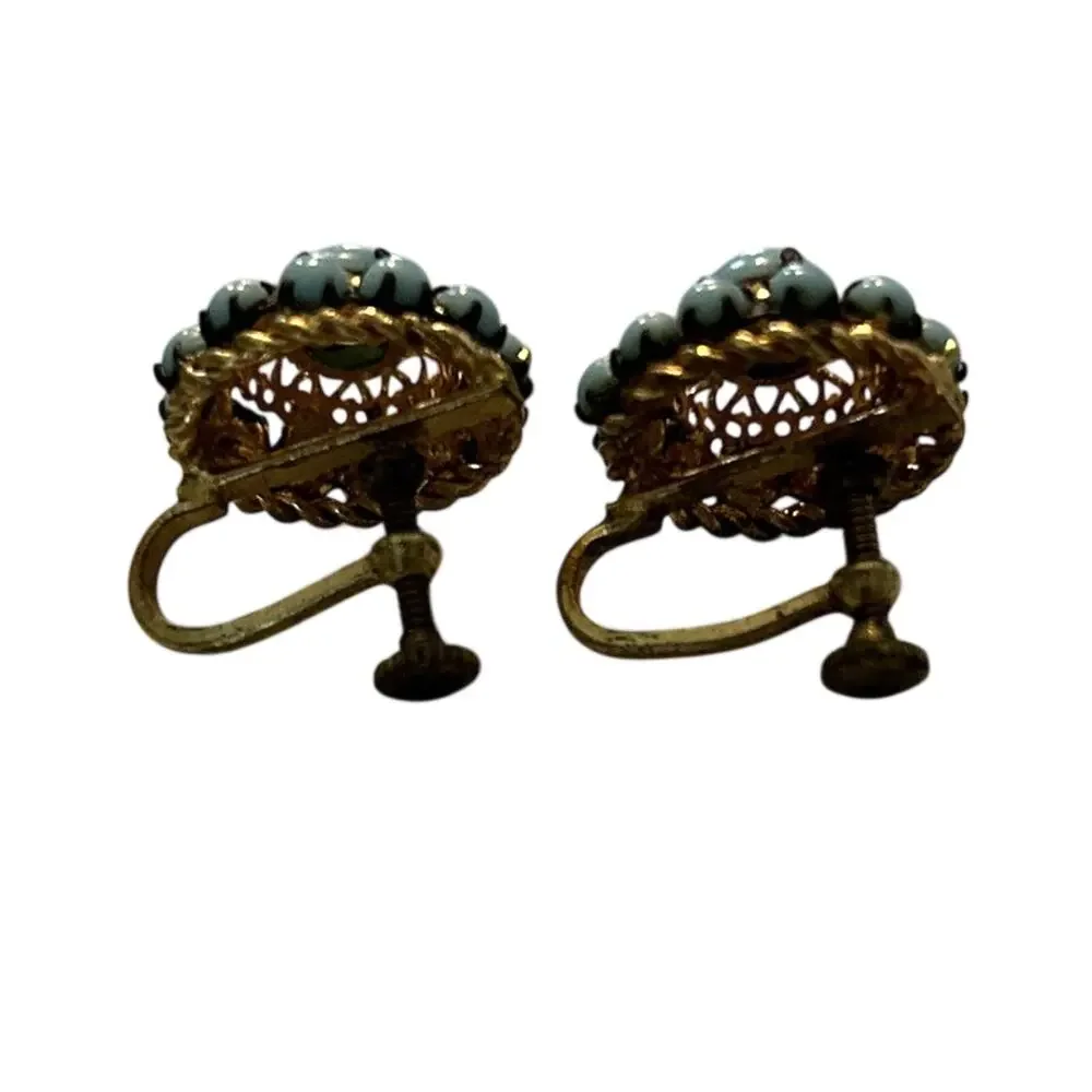 Vintage 1920s Czech Czecho Gold Tone Filigree Blue Beaded Screw Back Earrings
